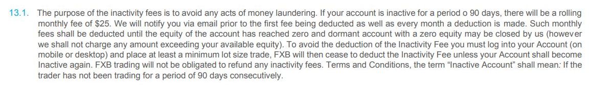 FXB Trading withdraws commission for inactivity from the account