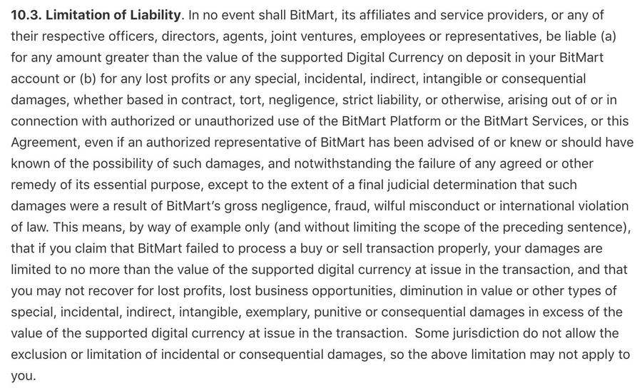 About Bitmart's liability