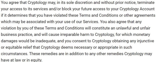 cryptology.com user acceptance of the terms and conditions