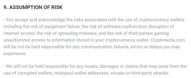 Cryptonezia assumption of risk