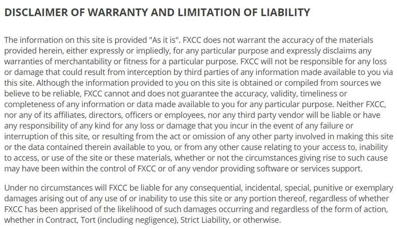 FXCC disclaimer of warranty and limitation of liability