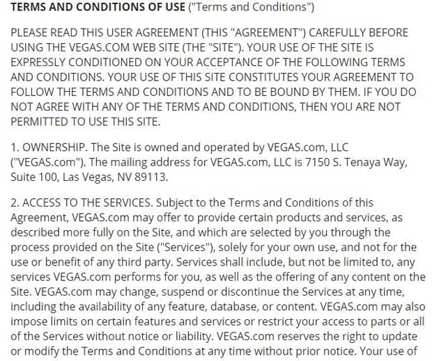 vegas.com customer agreement