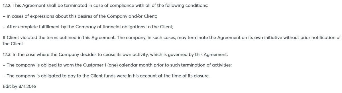 INTRADE.BAR payment of money to clients upon termination of work