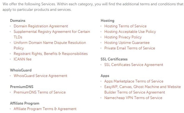 namecheap.com terms of service