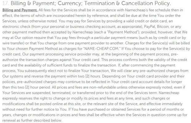 namecheap.com payment rules