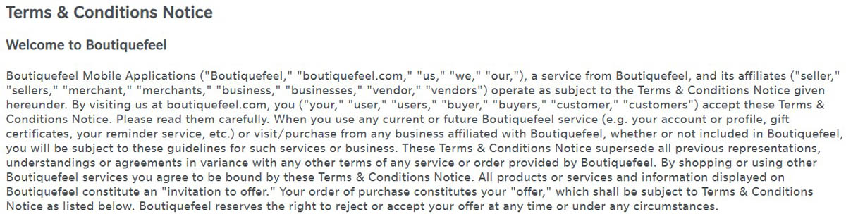 boutiquefeel.com user agreement