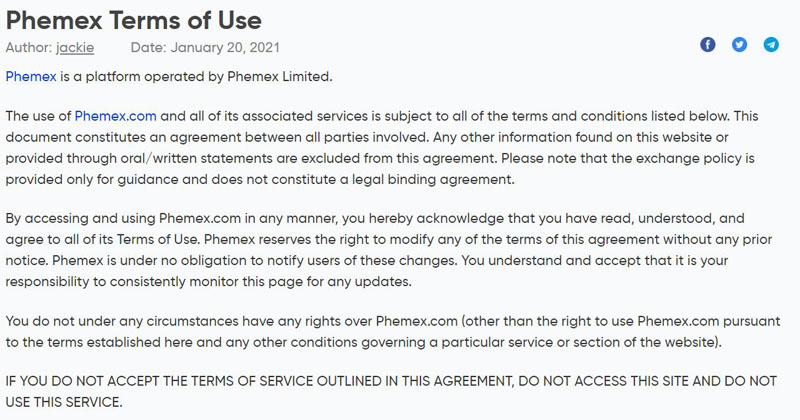 Phemex user agreement