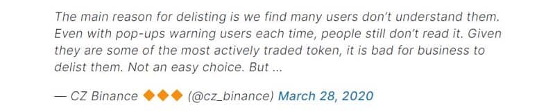 binance.com statement by representatives of the exchange
