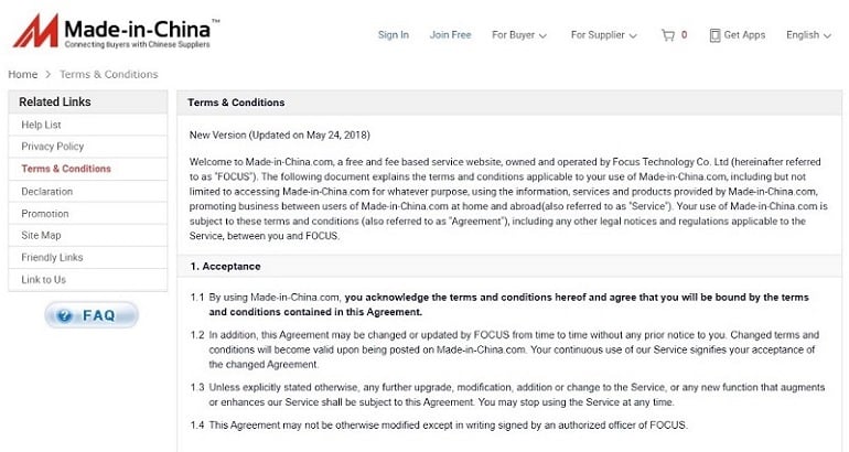Made-in-China user agreement