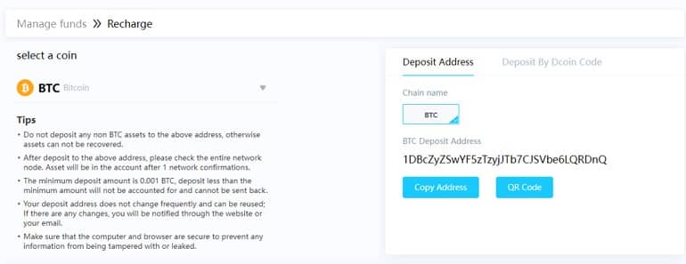 Dcoin Exchange to make a deposit