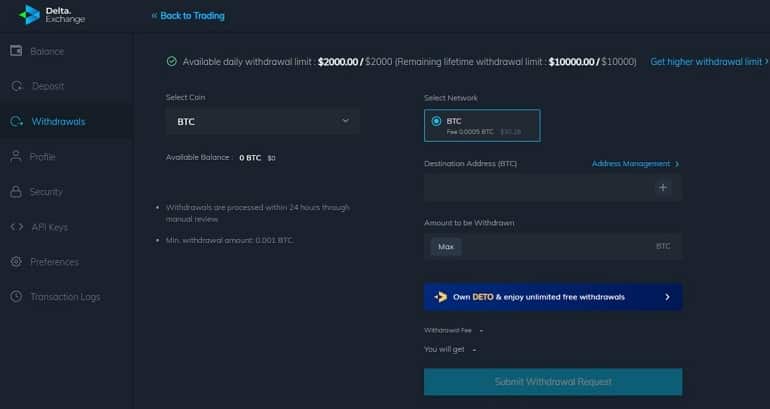 Delta Exchanges Withdraw Funds