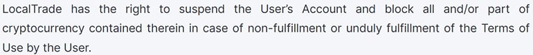 LocalTrade account blocking