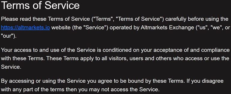 Altmarkets user agreement