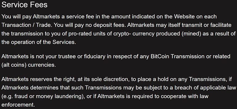 Altmarkets information about commissions