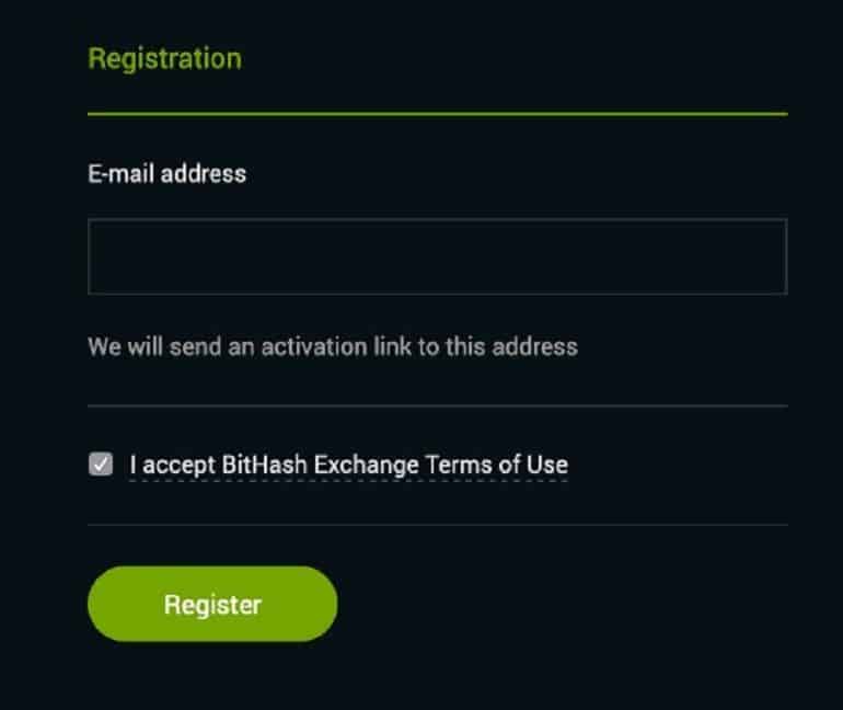 BitHash registration form