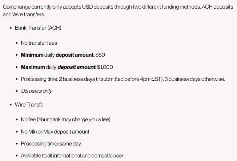 CoinChange deposit limits