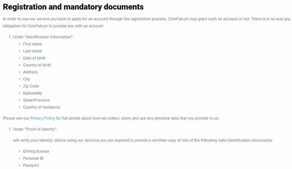 CoinFalcon documents for registration