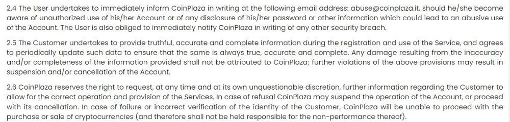 CoinPlaza notification of unauthorized account use