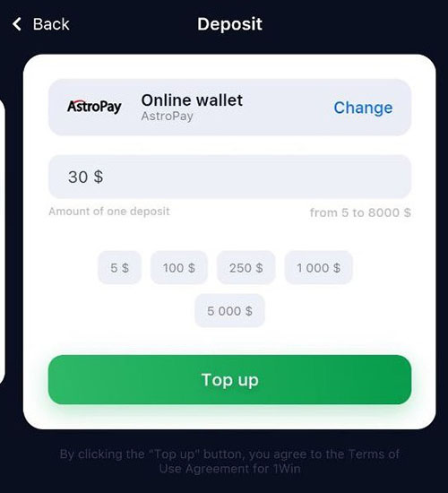 1Win App Android Deposit Astropay