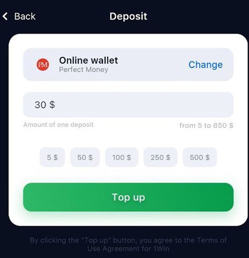 1Win App Android Deposit Perfect Money