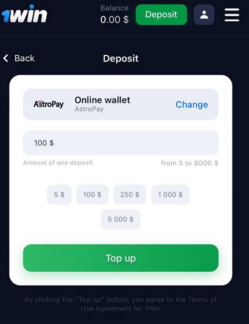 1Win App iOS Deposit Astropay