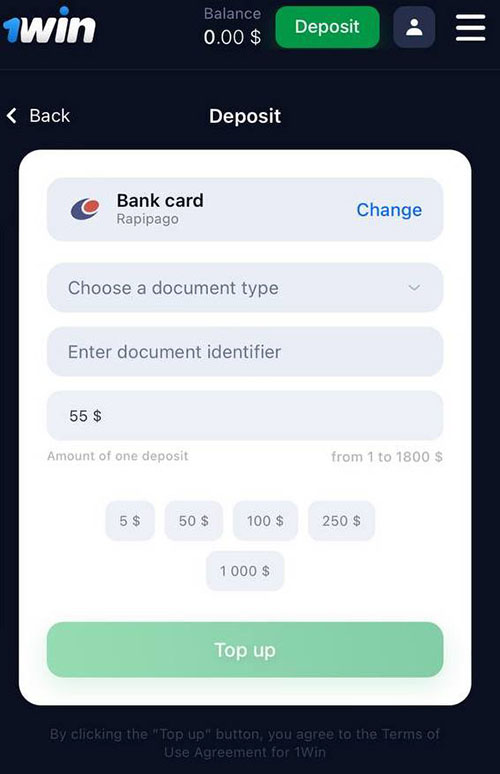 1Win App iOS Depozytowa karta bankowa