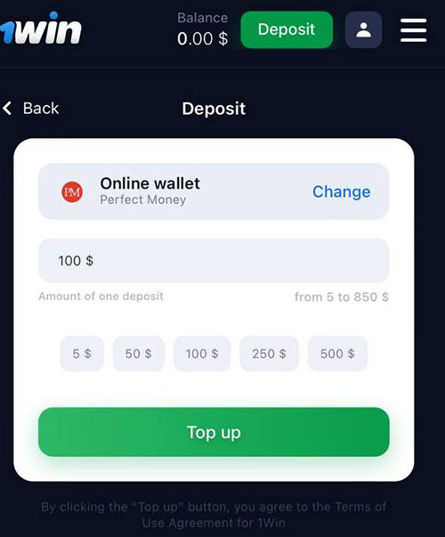 1Win App iOS Deposit Perfect Money