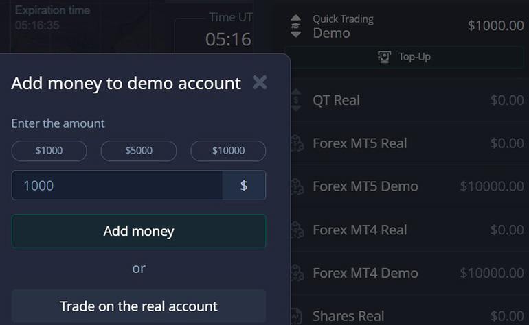 Pocket option demo account amount