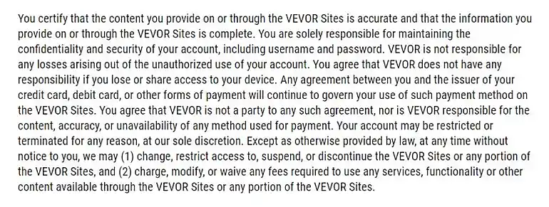 Vevor.com terms and conditions
