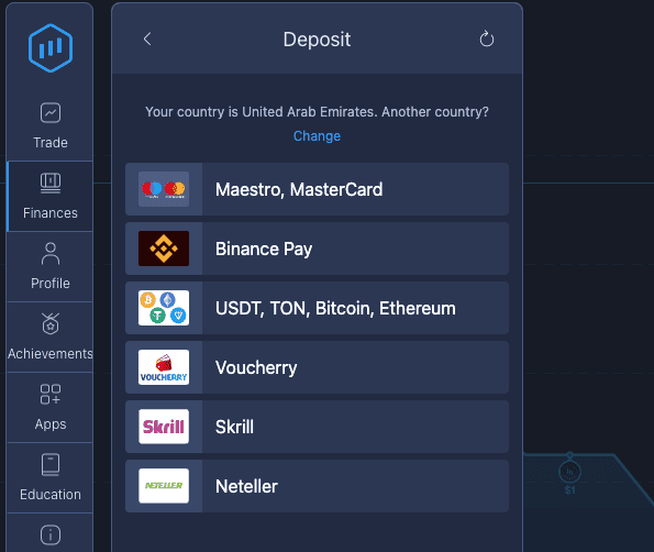 Deposit methods available on Expertoption