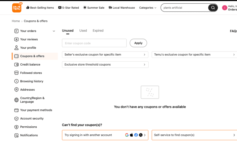 TEMU Coupons and Offers section