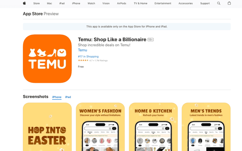 Temu app in Apple store