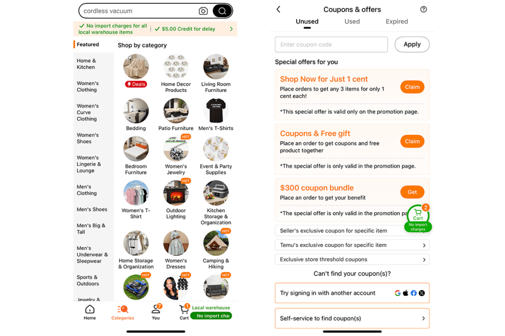 app categories and coupons