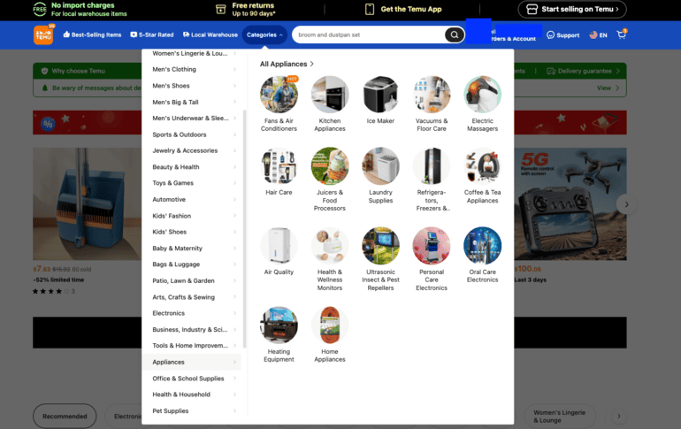 TEMU catalog of products
