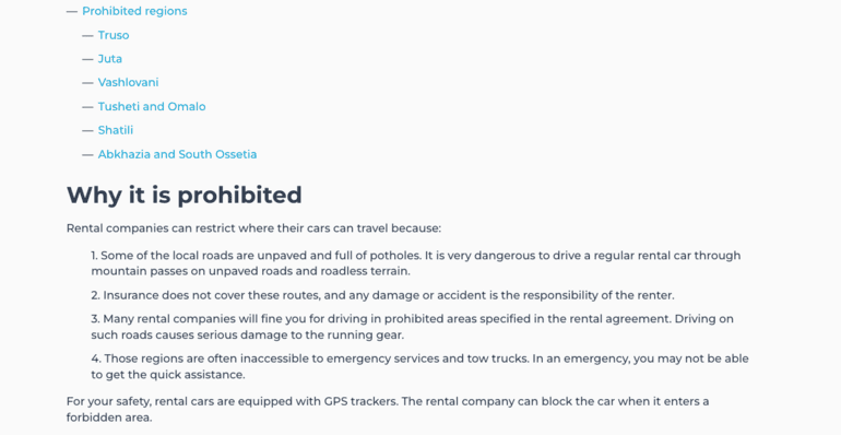 prohibited roads in Georgia for rental cars prohibited region Georgia by car