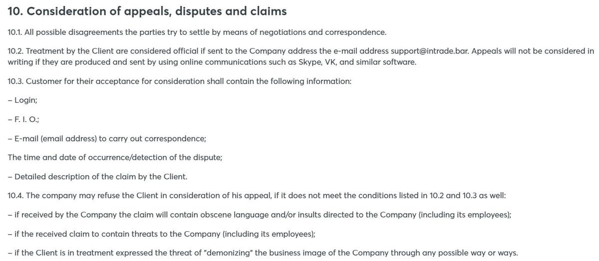 INTRADE.BAR consideration of appeals, disputes and claims